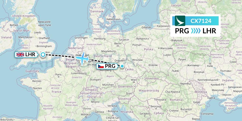 CX7124 Cathay Pacific Flight Map: Prague to London