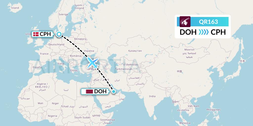 QR163 Qatar Airways Flight Map: Doha to Copenhagen
