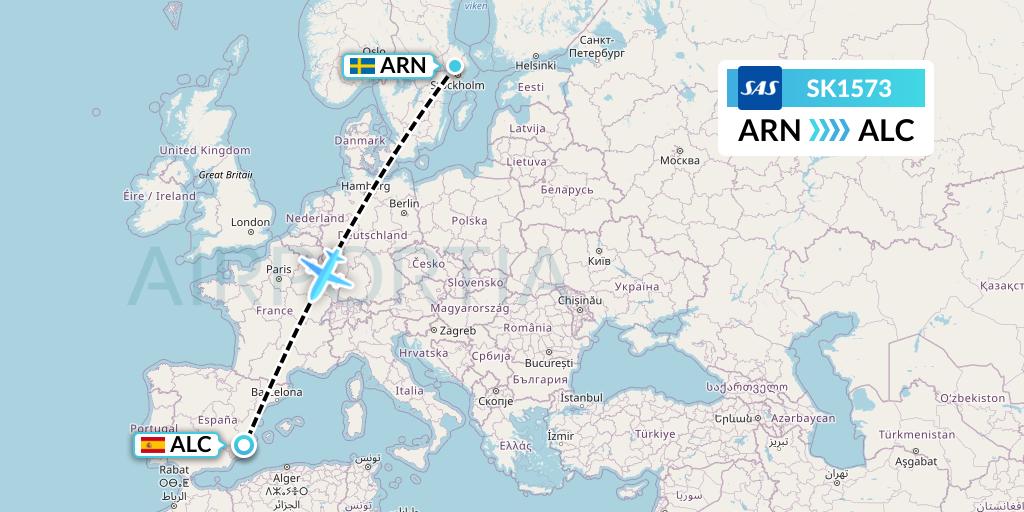 SK1573 SAS Flight Map: Stockholm to Alicante
