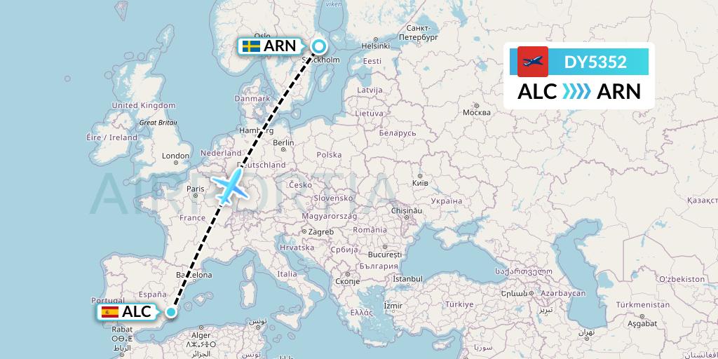 DY5352 Norwegian Flight Map: Alicante to Stockholm