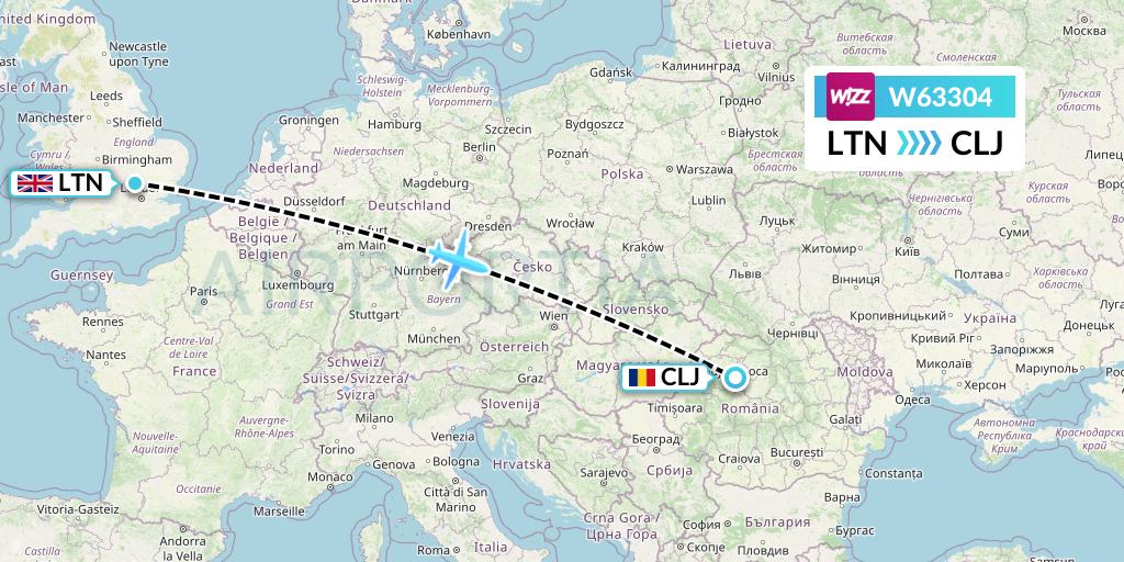 W63304 Wizz Air Flight Map: London to Cluj-Napoca