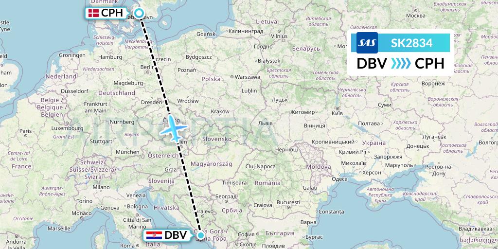 SK2834 SAS Flight Map: Dubrovnik to Copenhagen