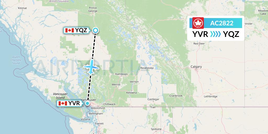 AC2822 Air Canada Flight Map: Vancouver to Quesnel