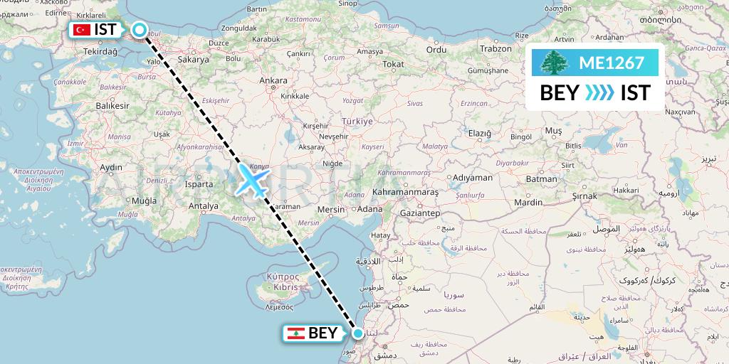 ME1267 MEA Flight Map: Beirut to Istanbul