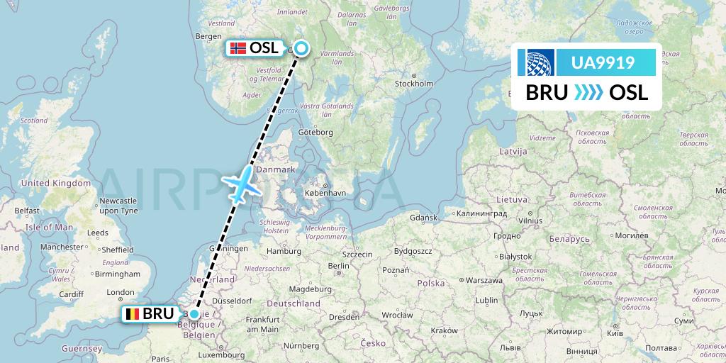 UA9919 United Airlines Flight Map: Brussels to Oslo