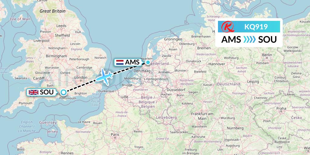 KQ919 Kenya Airways Flight Map: Amsterdam to Southampton