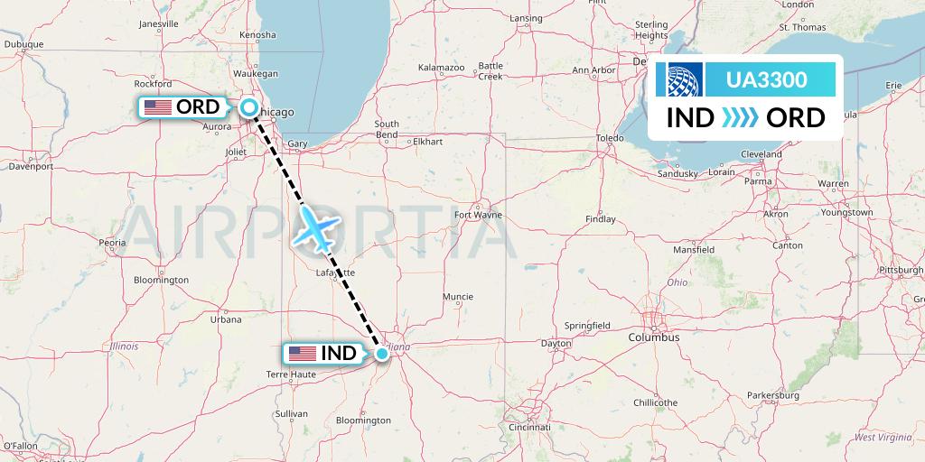 UA3300 United Airlines Flight Map: Indianapolis to Chicago