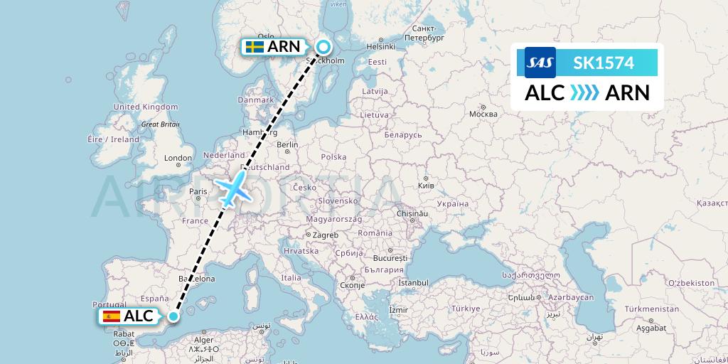 SK1574 SAS Flight Map: Alicante to Stockholm