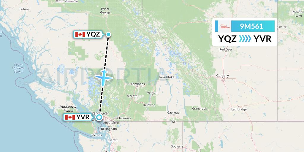 9M561 Central Mountain Air Flight Map: Quesnel to Vancouver