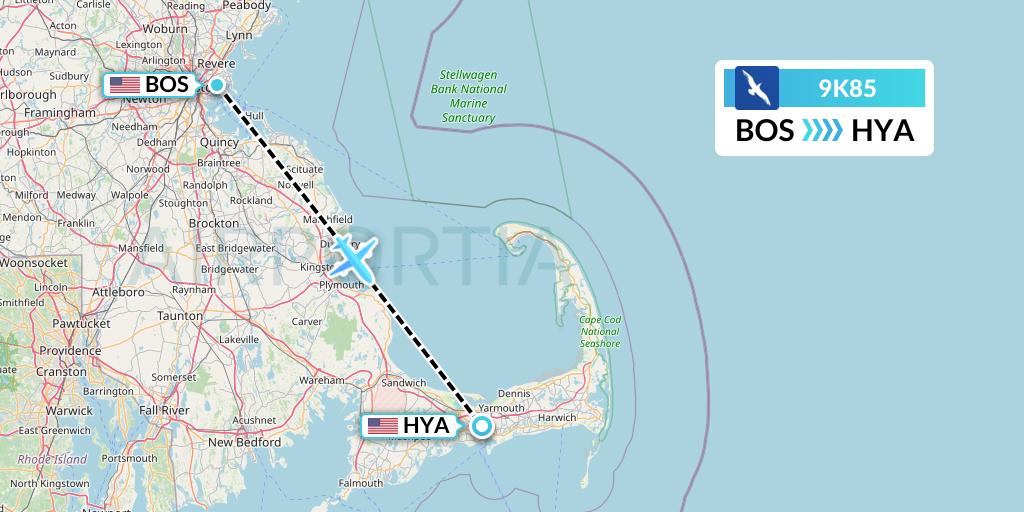 9K85 Cape Air Flight Map: Boston to Hyannis
