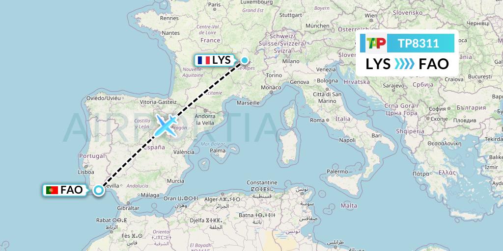 TP8311 TAP Portugal Flight Map: Lyon to Faro