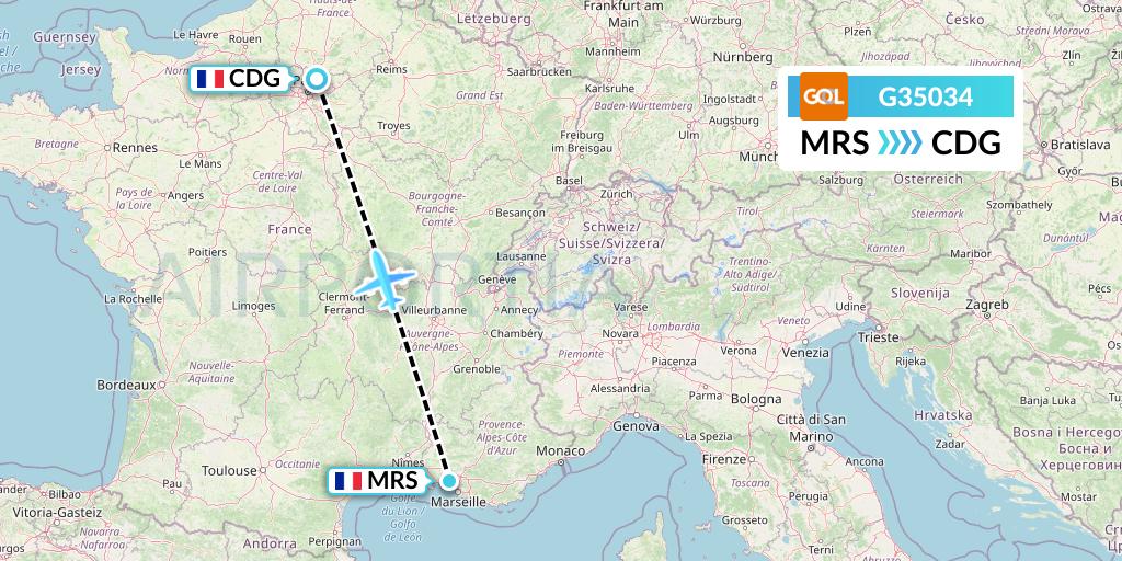 G35034 GOL Transportes Aeros Flight Map: Marseille to Paris