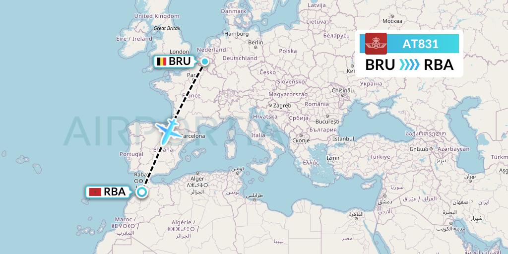 AT831 Royal Air Maroc Flight Map: Brussels to Rabat