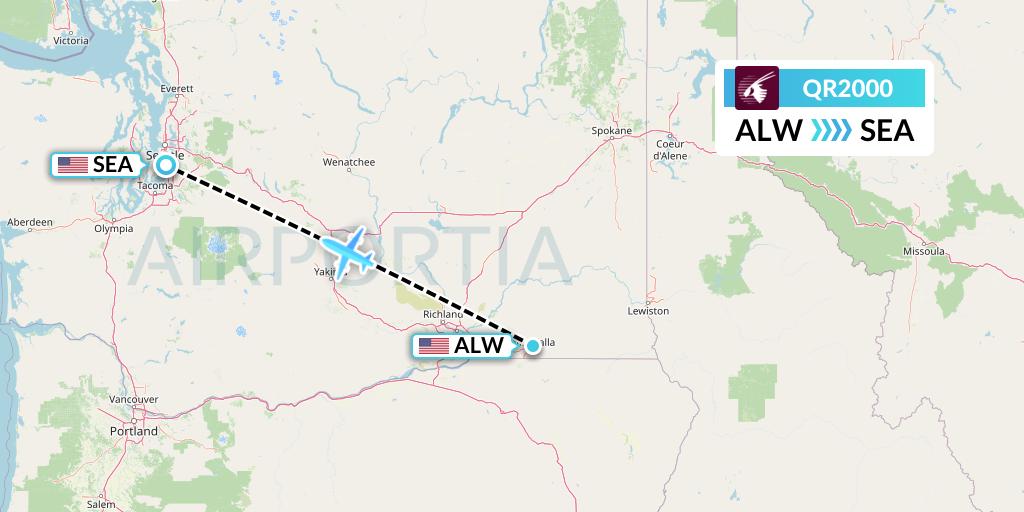 QR2000 Qatar Airways Flight Map: Walla Walla to Seattle