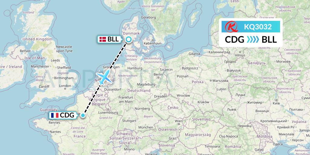 KQ3032 Kenya Airways Flight Map: Paris to Billund
