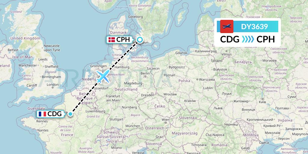 DY3639 Norwegian Flight Map: Paris to Copenhagen