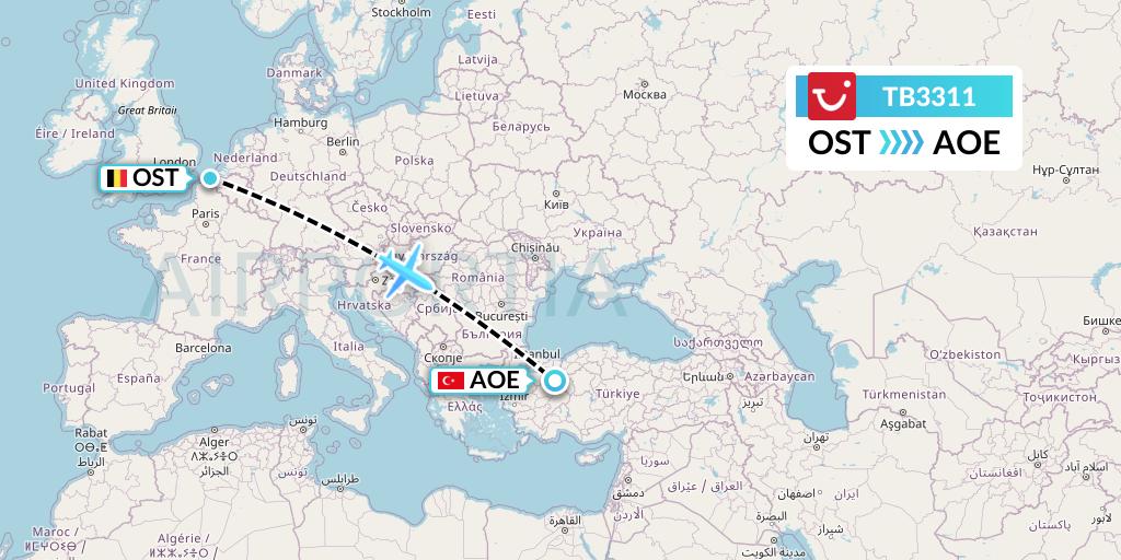 TB3311 TUI fly Belgium Flight Map: Ostend to Eskisehir