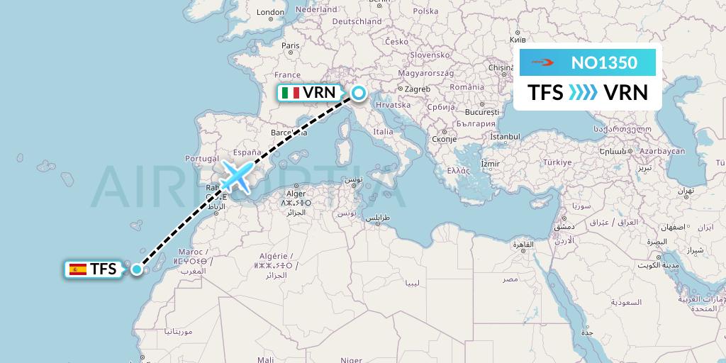 NO1350 Neos Flight Map: Tenerife to Verona