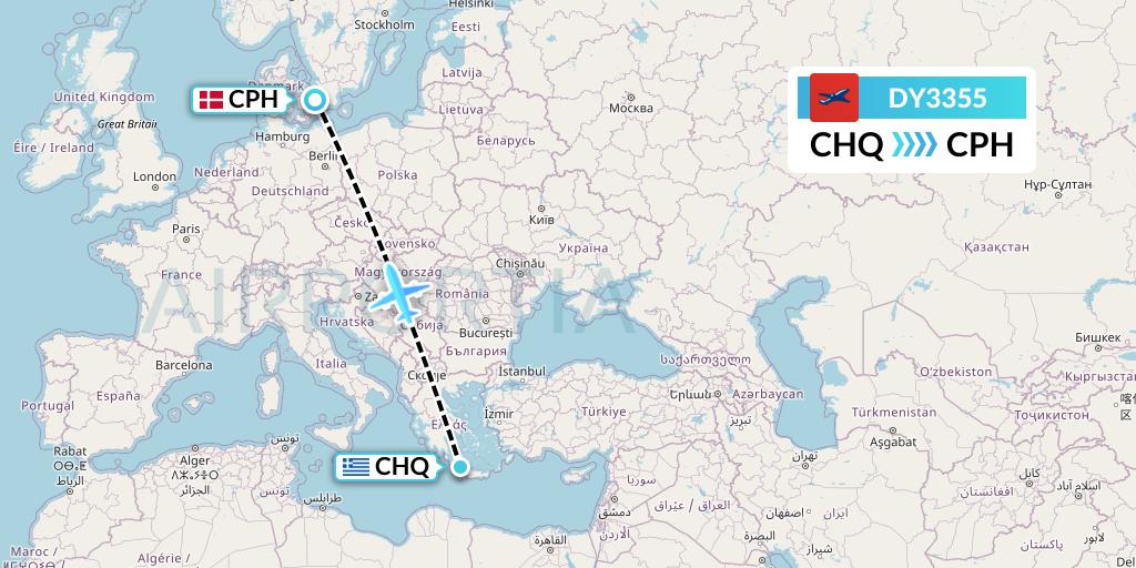 DY3355 Norwegian Flight Map: Chania to Copenhagen