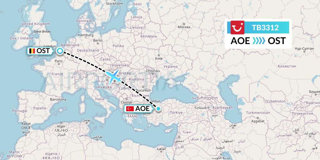 TB3312 TUI fly Belgium Flight Map: Eskisehir to Ostend