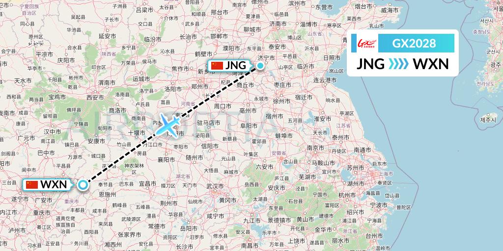 GX2028 GX Airlines Flight Map: Jining to Wanzhou