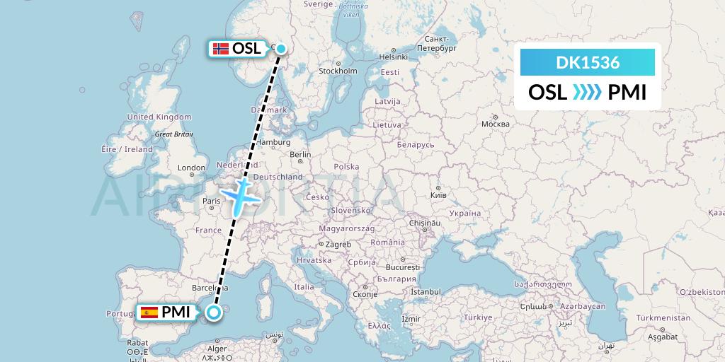DK1536 Thomas Cook Airlines Scandinavia Flight Map: Oslo to Palma de Mallorca