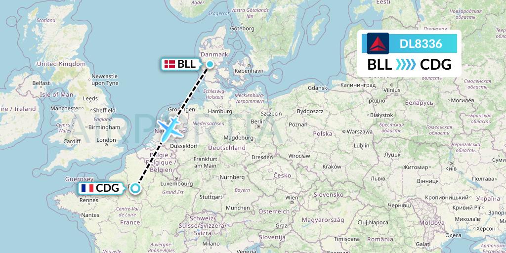 DL8336 Delta Air Lines Flight Map: Billund to Paris