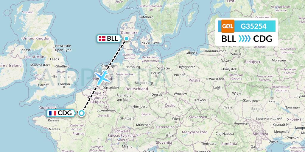 G35254 GOL Transportes Aeros Flight Map: Billund to Paris