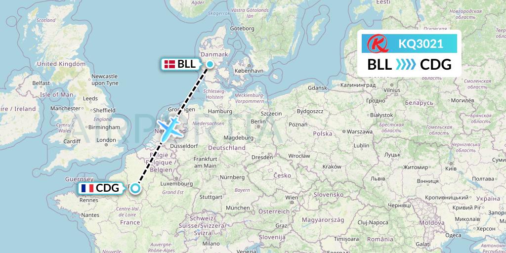 KQ3021 Kenya Airways Flight Map: Billund to Paris