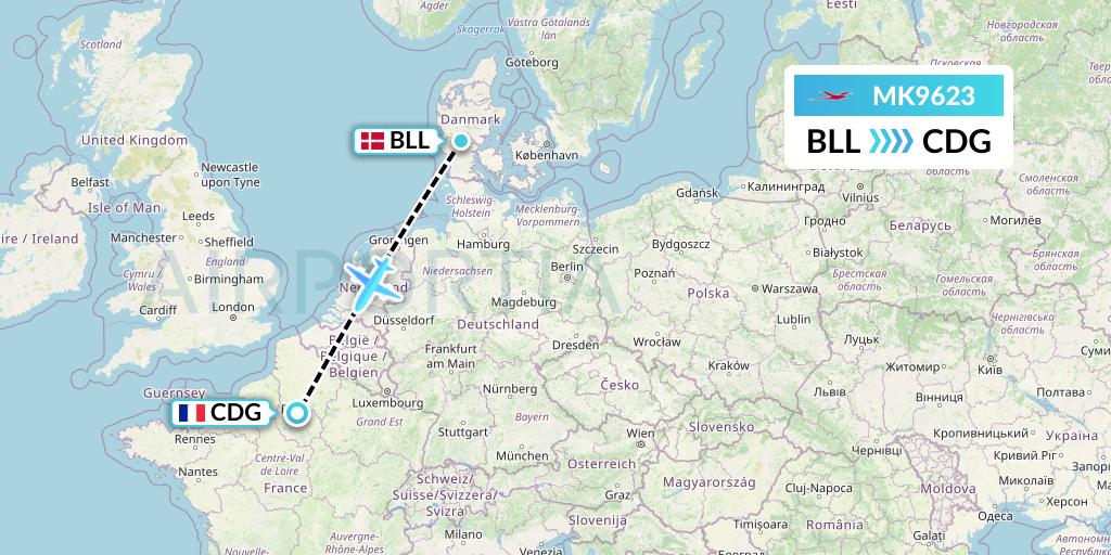 MK9623 Air Mauritius Flight Map: Billund to Paris