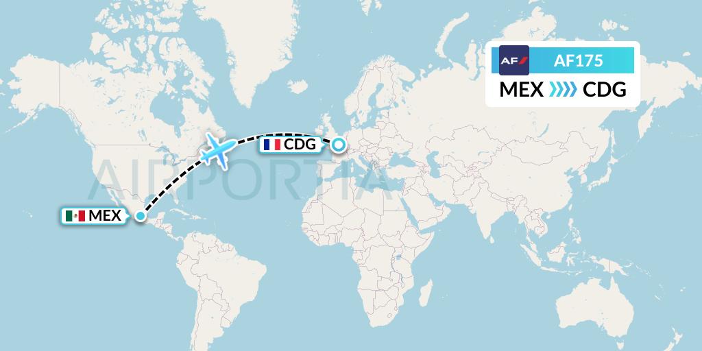 AF175 Air France Flight Map: Mexico City to Paris
