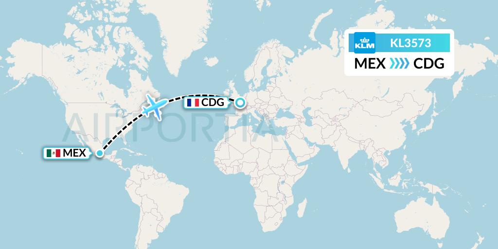 KL3573 KLM Flight Map: Mexico City to Paris