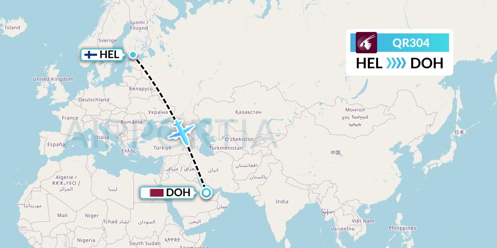 QR304 Qatar Airways Flight Map: Helsinki to Doha