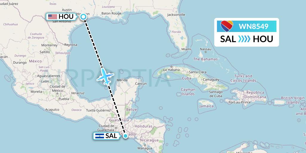 WN8549 Southwest Airlines Flight Map: San Salvador to Houston