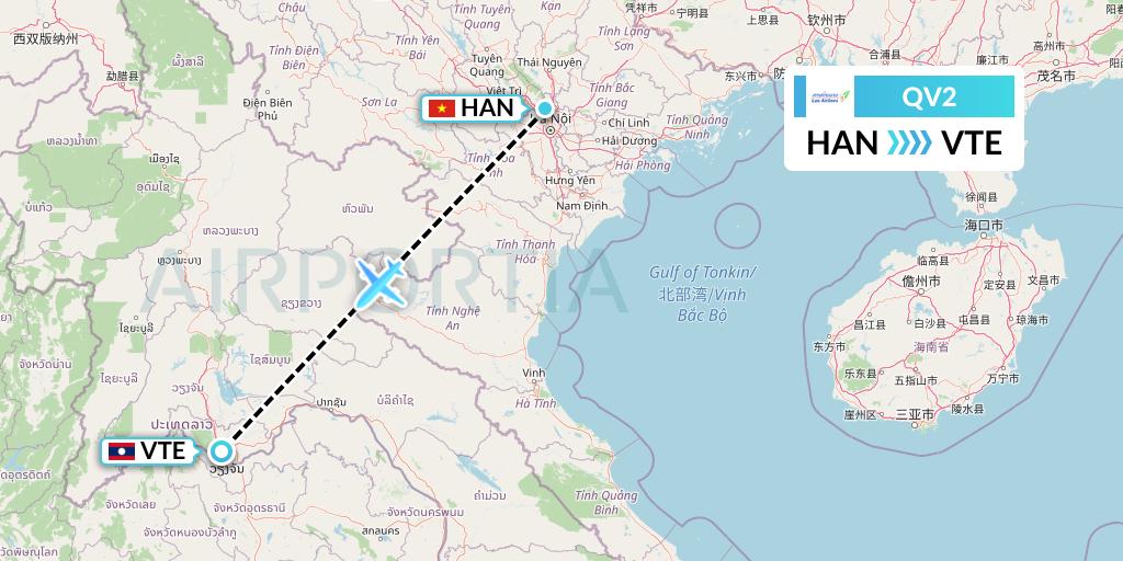 QV2 Lao Airlines Flight Map: Hanoi to Vientiane