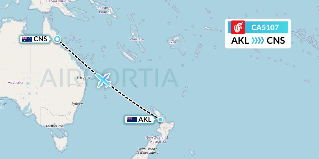 CA5107 Air China Flight Map: Auckland to Cairns