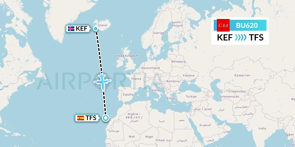 BU620 flyCAA Flight Map: Reykjavik to Tenerife