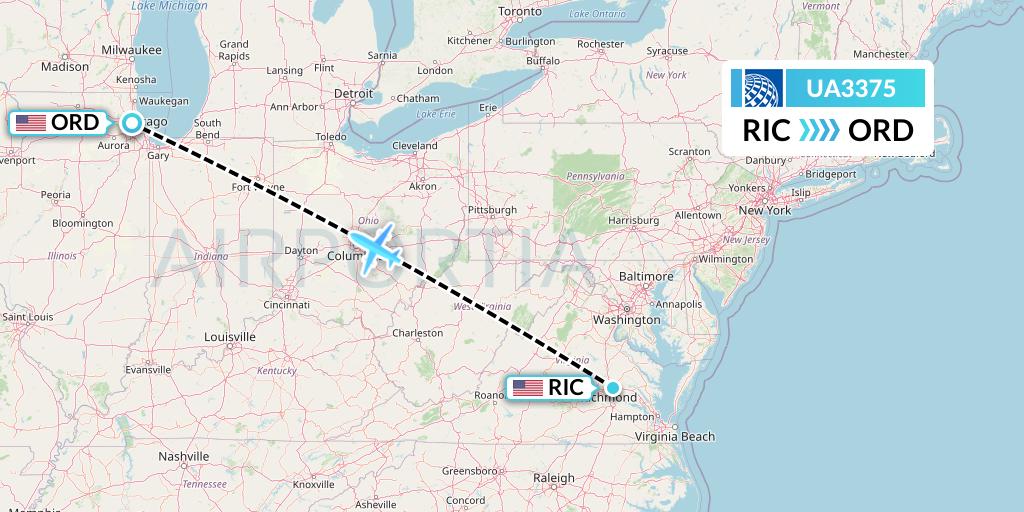 UA3375 United Airlines Flight Map: Richmond to Chicago