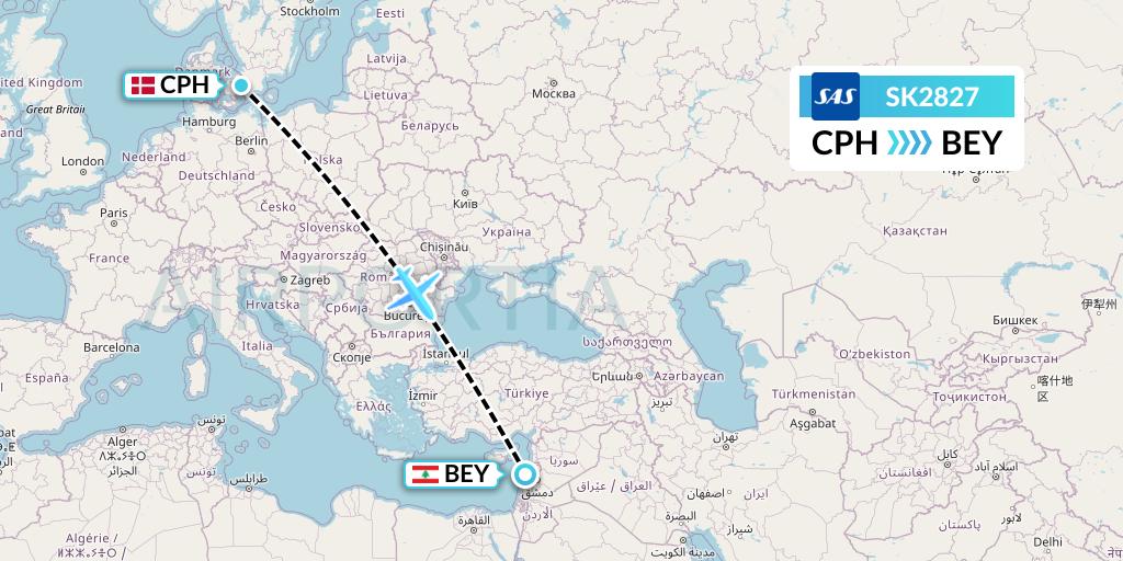 SK2827 SAS Flight Map: Copenhagen to Beirut