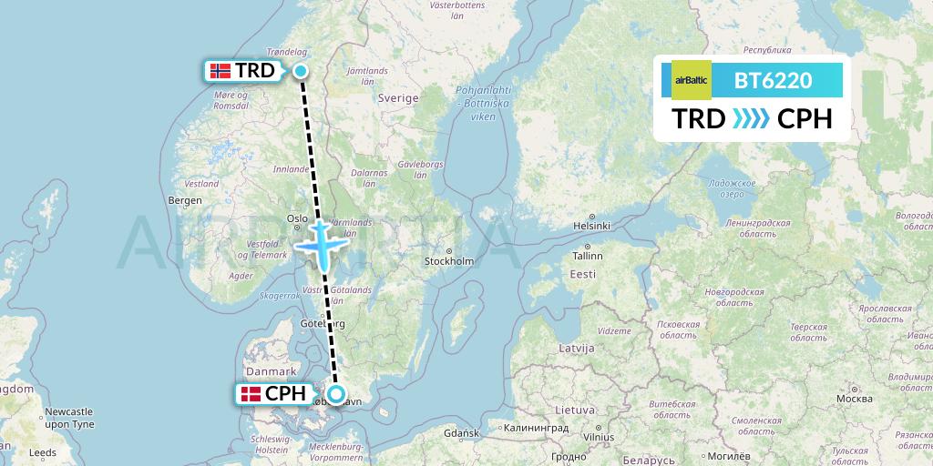 BT6220 Air Baltic Flight Map: Trondheim to Copenhagen