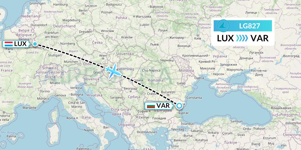 LG827 Luxair Flight Map: Luxembourg to Varna
