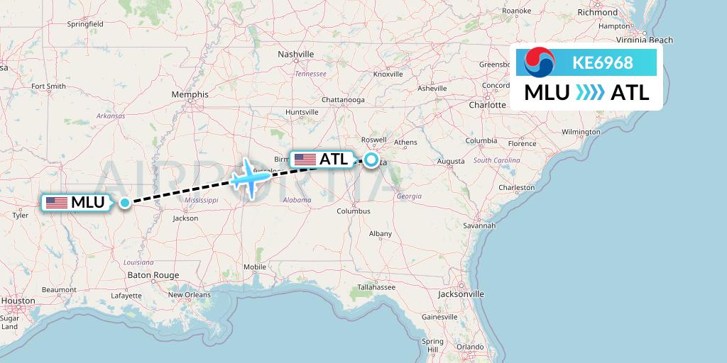 KE6968 Korean Air Flight Map: Monroe to Atlanta