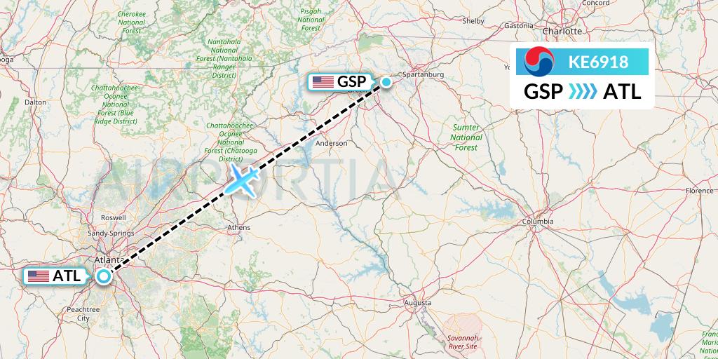 KE6918 Korean Air Flight Map: Greenville-Spartanburg to Atlanta