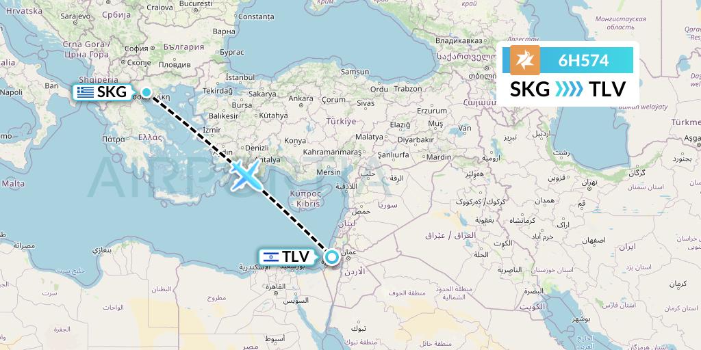 6H574 Israir Airlines Flight Map: Thessaloniki to Tel Aviv