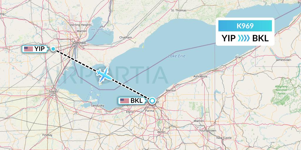 K969 Kalitta Charters Flight Map: Detroit to Cleveland