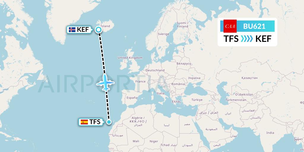 BU621 flyCAA Flight Map: Tenerife to Reykjavik