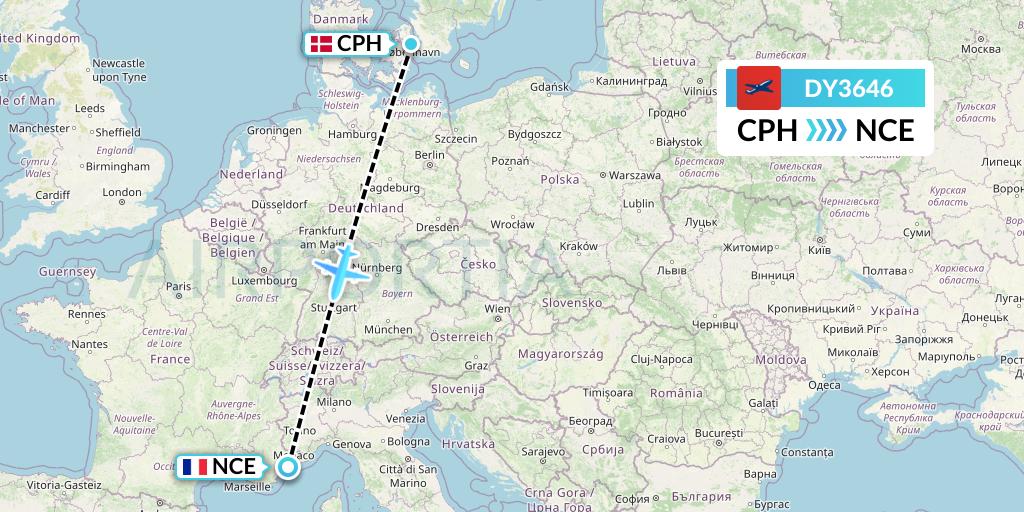 DY3646 Norwegian Flight Map: Copenhagen to Nice