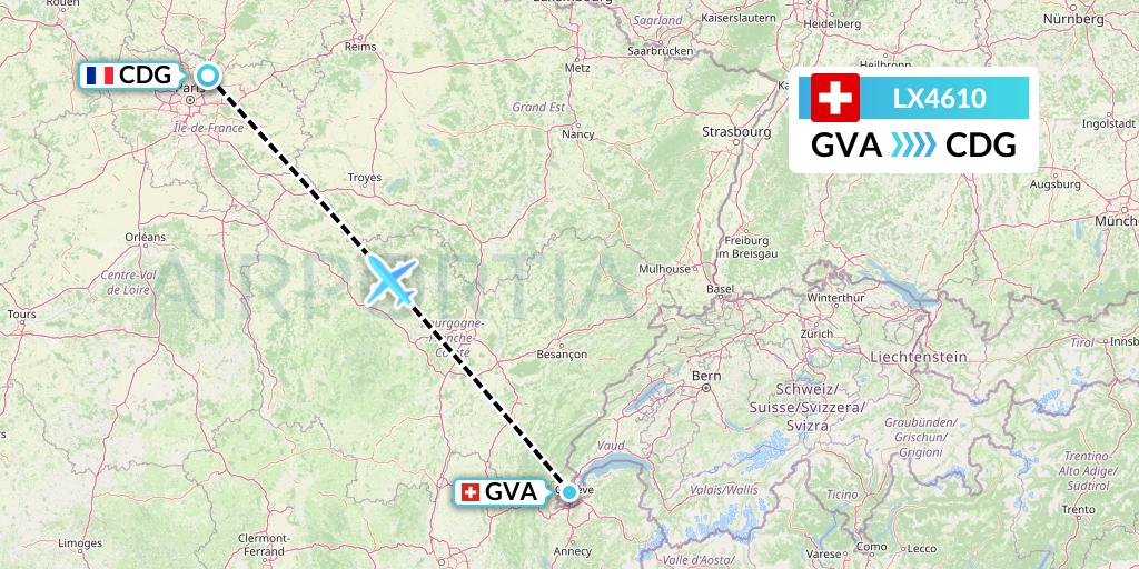 LX4610 Swiss Flight Map: Geneva to Paris