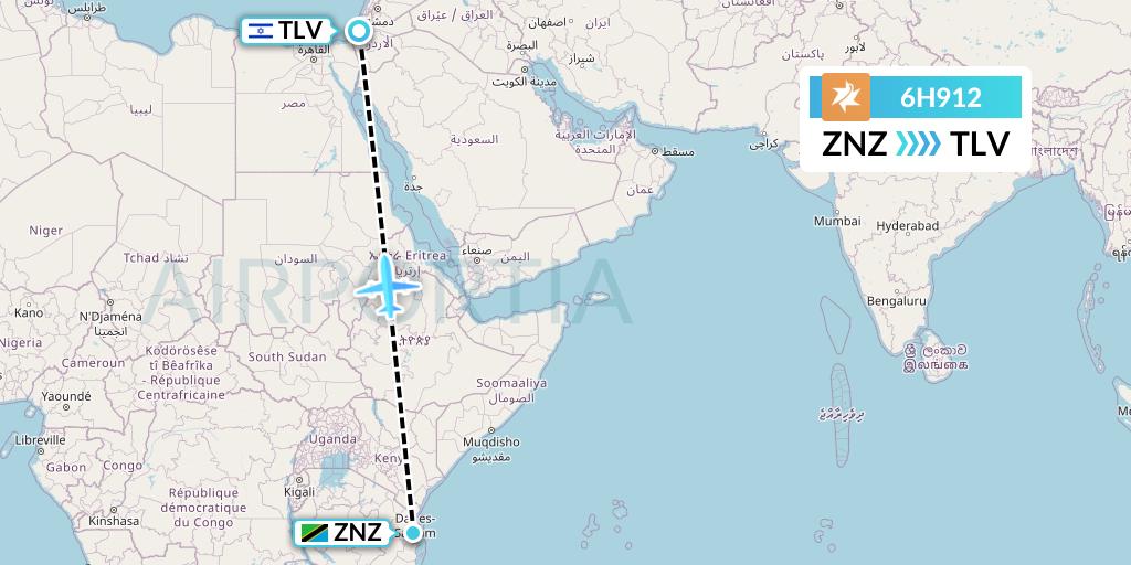 6H912 Israir Airlines Flight Map: Zanzibar to Tel Aviv