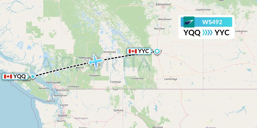 WS492 WestJet Flight Map: Comox to Calgary